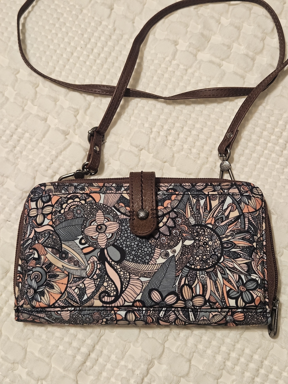 Sakroots Gray,black And Peach Floral Convertible Crossbody Wallet